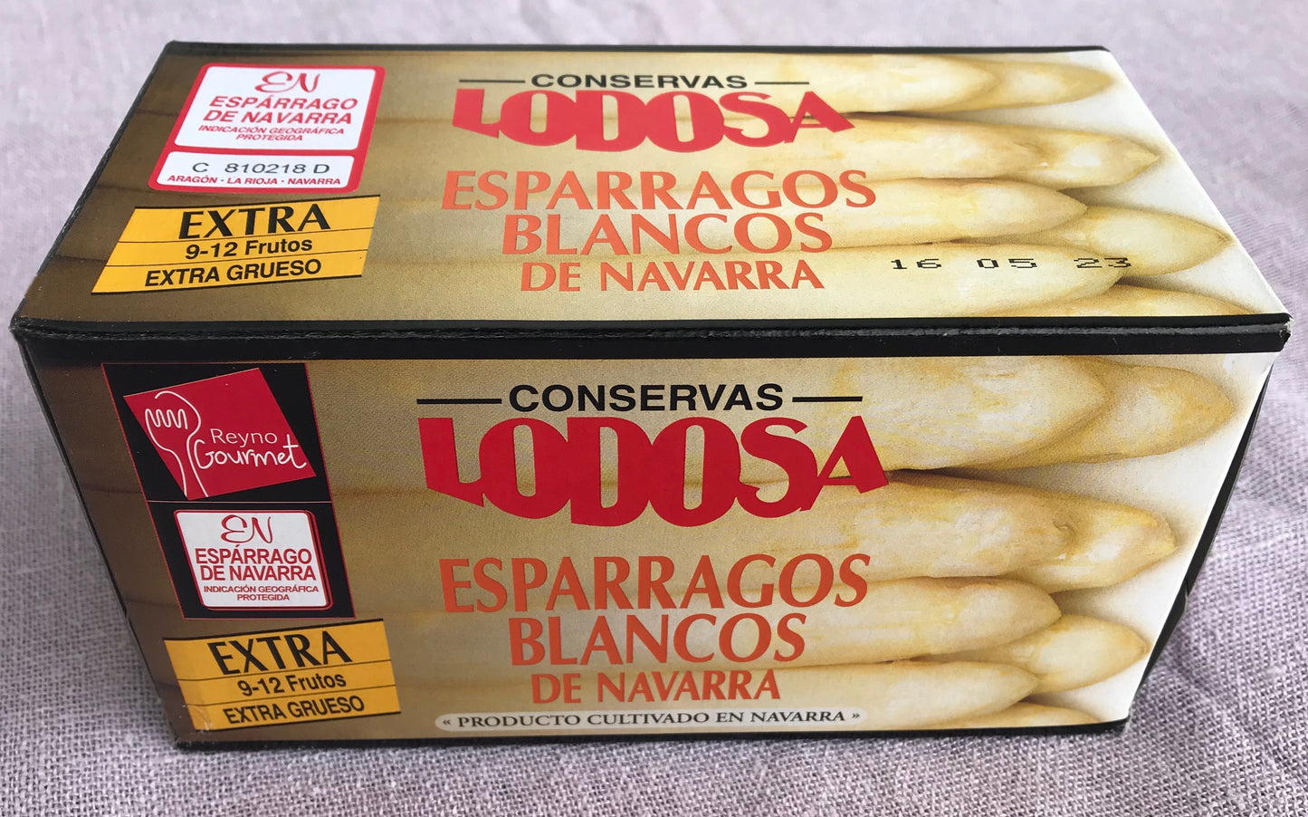 Espárragos de Lodosa, calidad extra. Extra grueso. Lata de 9-12 frutos
