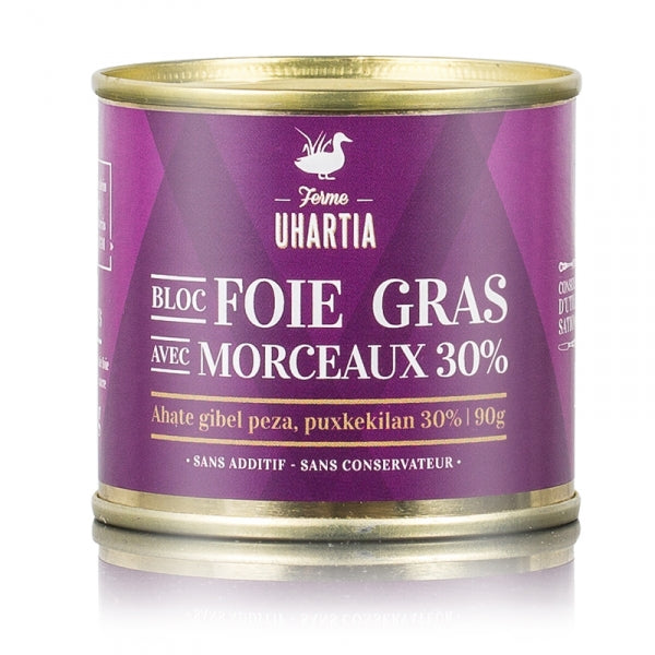 Bloc de foie gras de pato de granja, con 30% de trozos. LABEL UHARTIA. 90 g