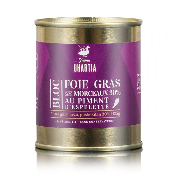 Bloc de foie gras de pato de granja, con 30% de trozos. LABEL UHARTIA. 125 g