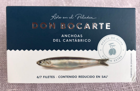 Anchoas Don Bocarte del Cantábrico en aceite de oliva. 6/7 filetes. Reducido en sal.
