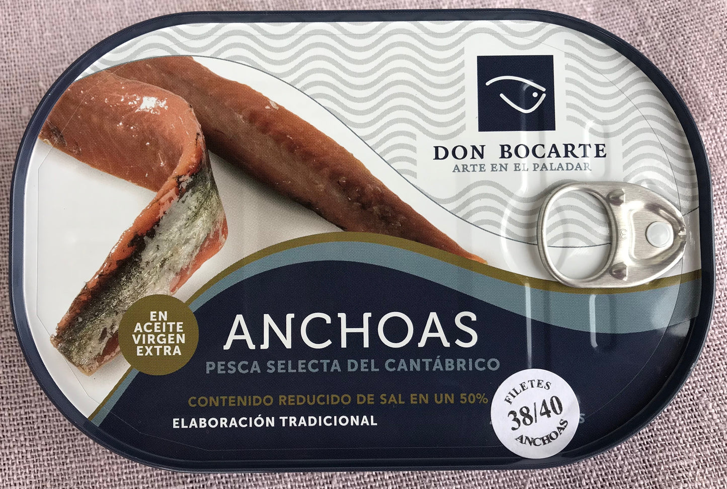 Anchoas Don Bocarte del Cantábrico en aceite de oliva. 38-40 filetes. Reducido en sal.