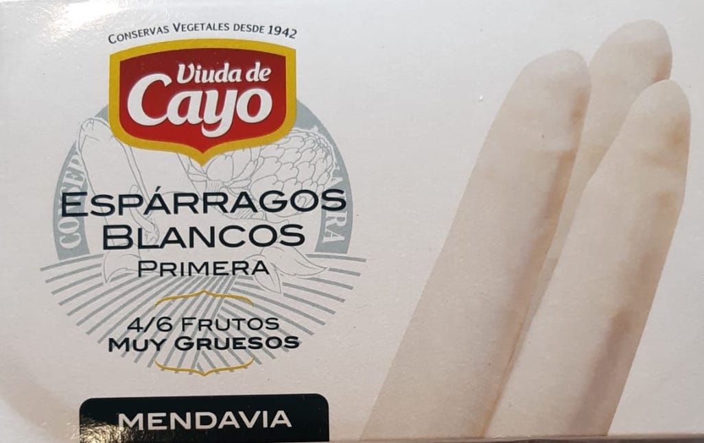 Espárragos de Mendavia - Navarra, Viuda de Cayo, calidad Primera. Muy gruesos. Lata de 4/6 frutos